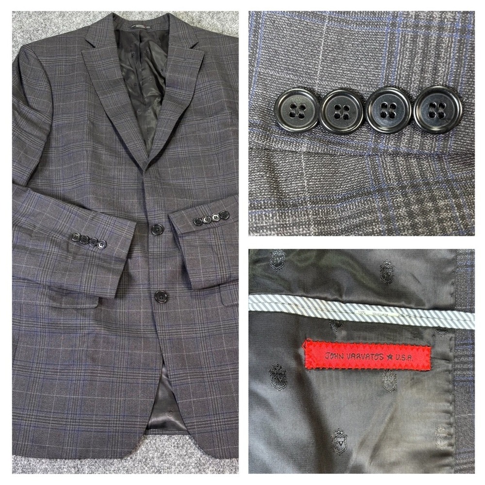 John Varvatos USA Mens 42L Wool Blazer Sport Coat Grey Blue Plaid Made in Canada